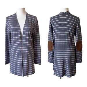 Gilli Cardigan Blue Gray White Striped Elbow Patches Women’s Small